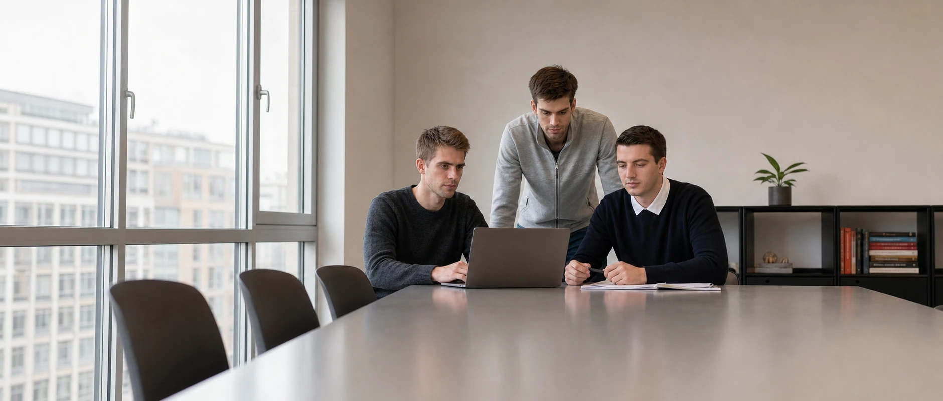 Illustration of Navor’s founders working together around a laptop.